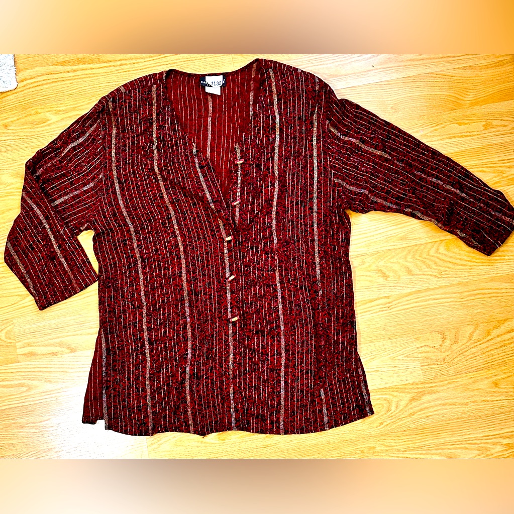 Vtg Carole Little Striped Blouse With Asian Inspired Button Shoulder Pads Sz 14